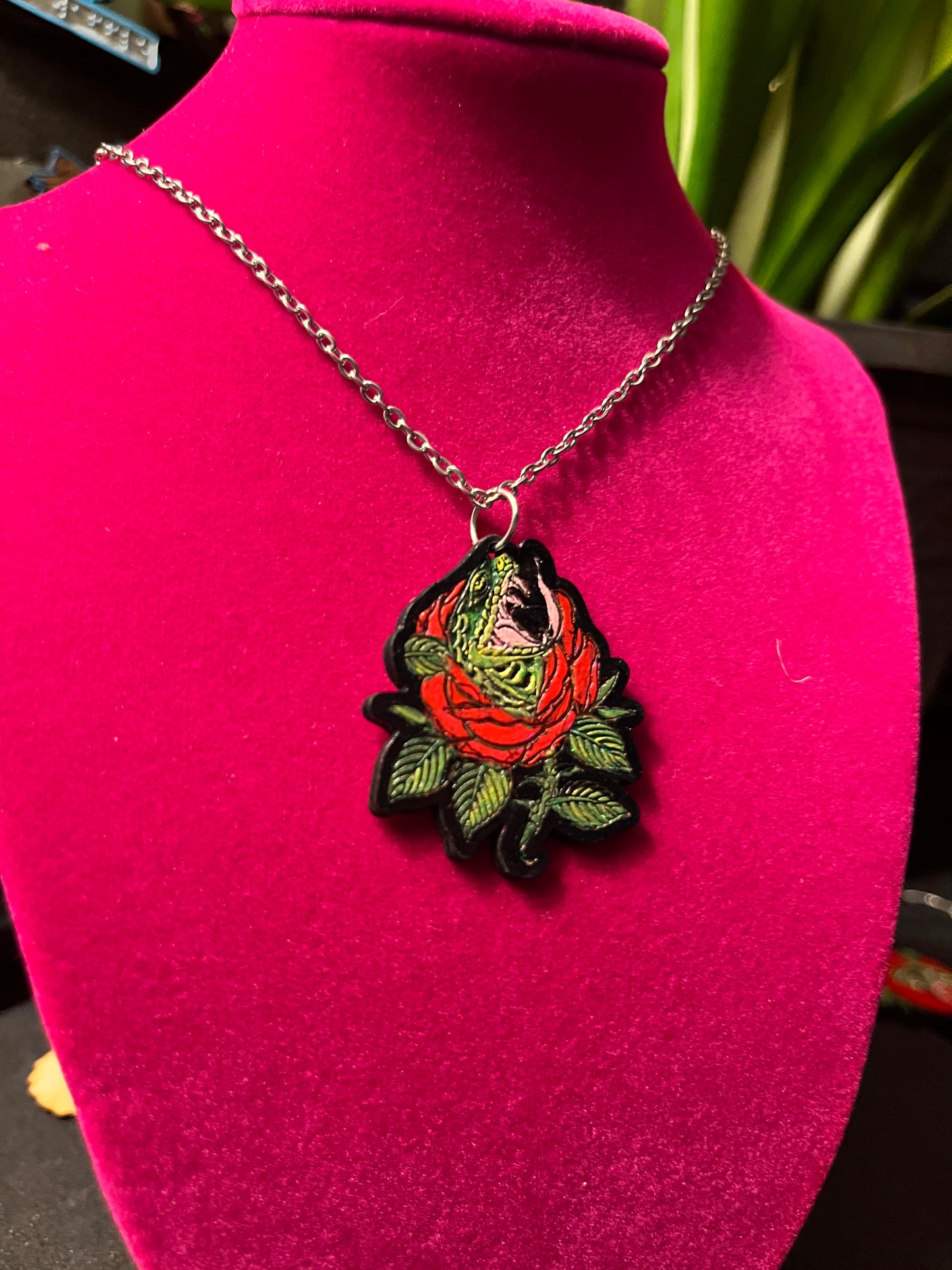 Traditional tattoo snake & rose necklace