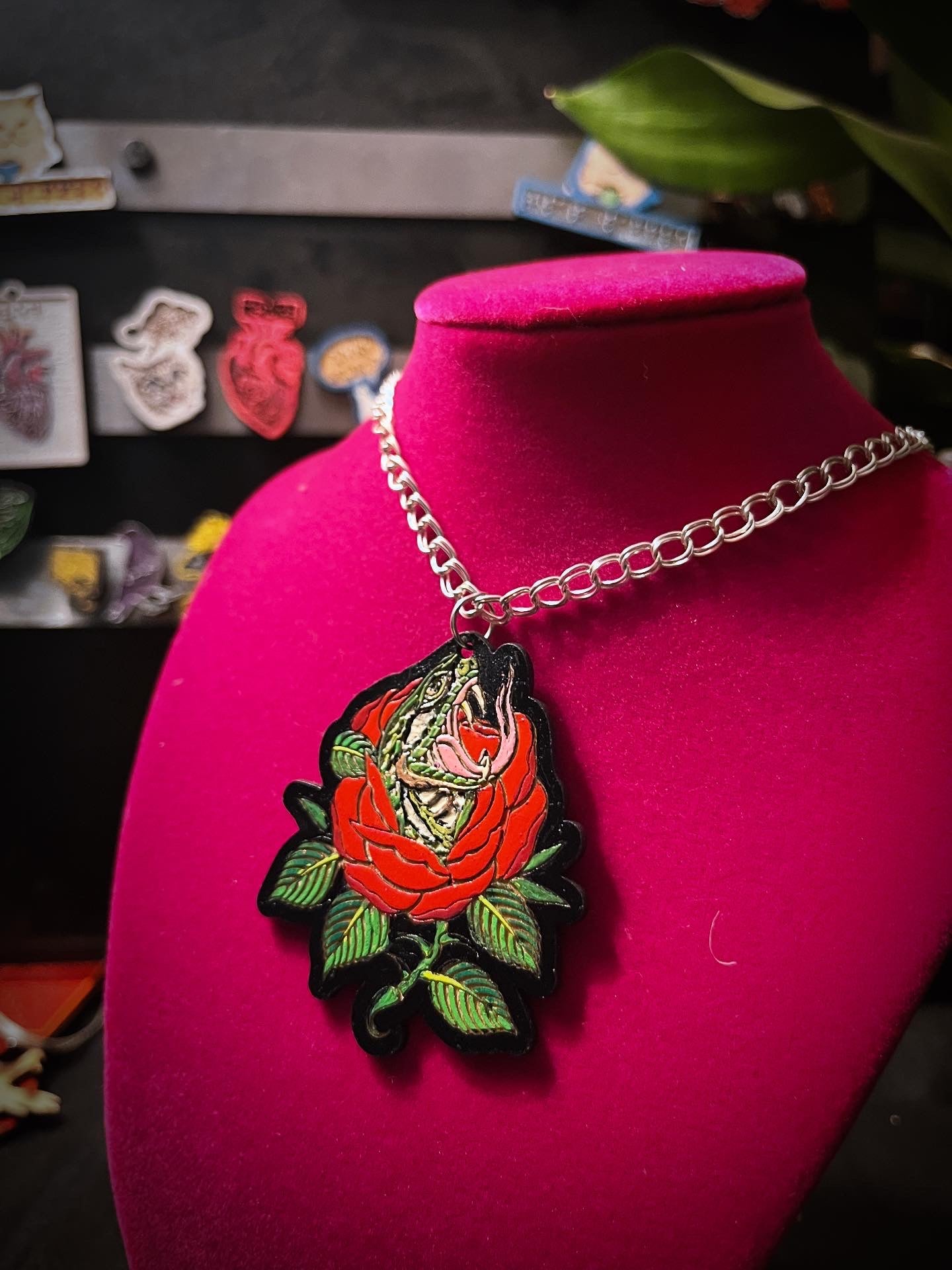 Traditional tattoo snake & rose necklace