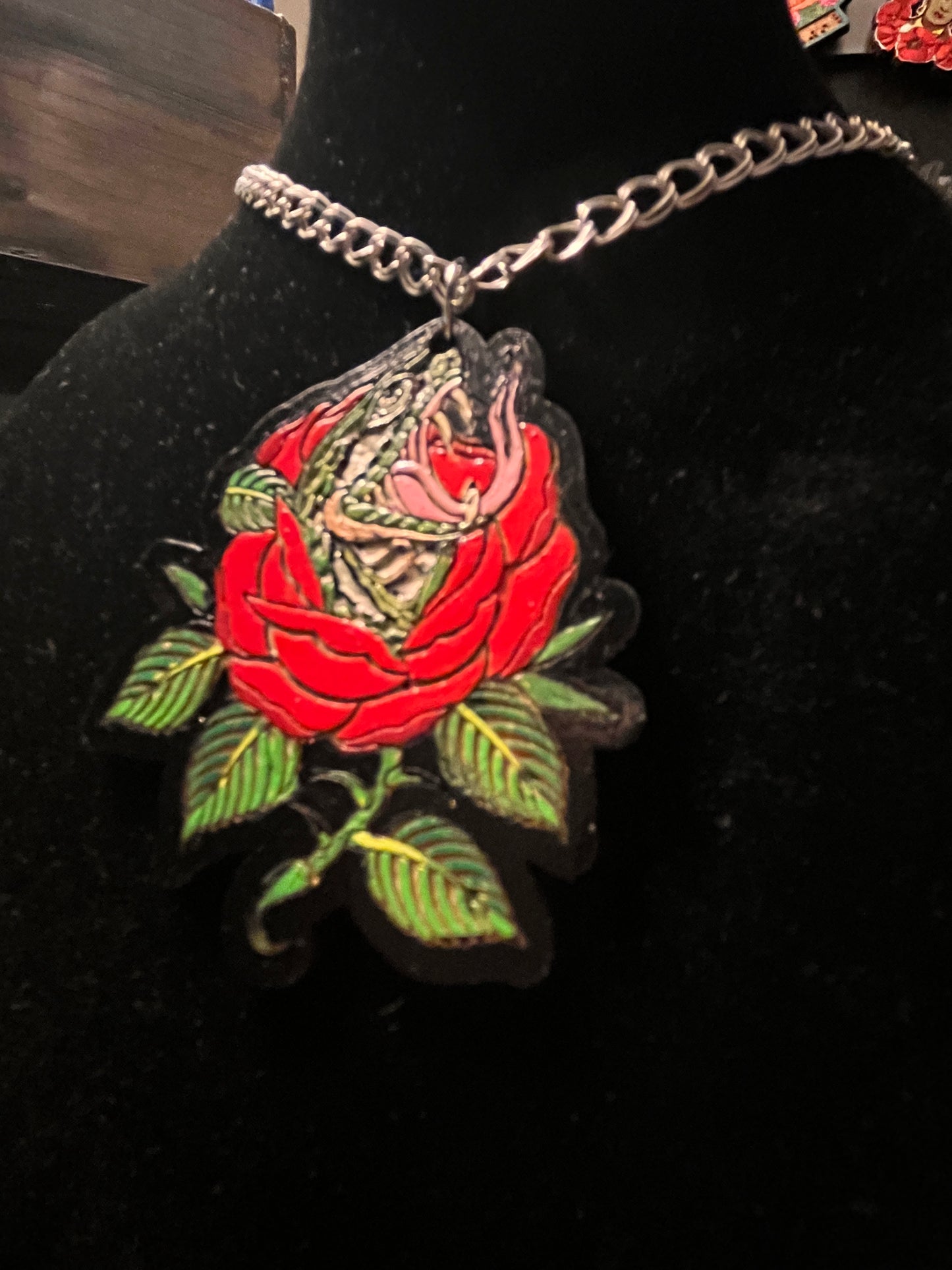 Traditional tattoo snake & rose necklace