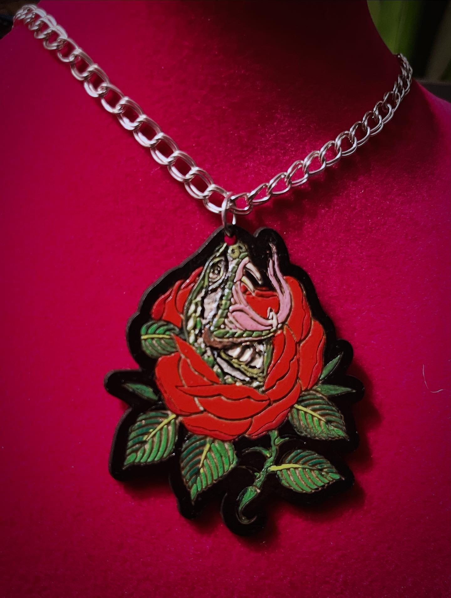Traditional tattoo snake & rose necklace