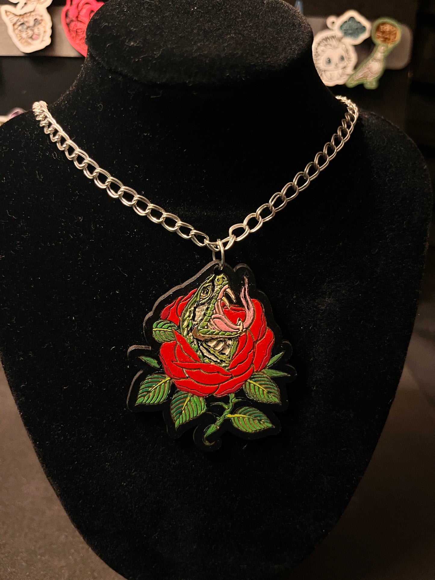 Traditional tattoo snake & rose necklace